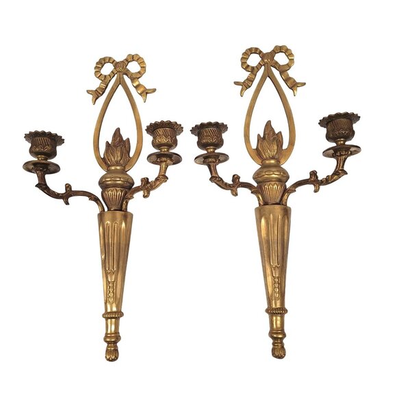 Wall Sconce Pair French Brass Flame and Bow Candle Neo Classical Early Century - Picture 1 of 10